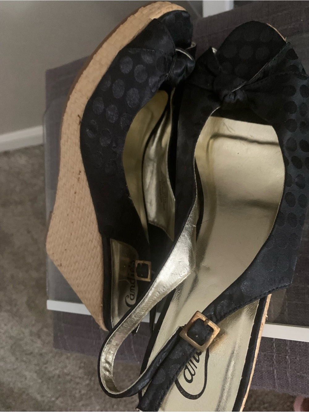Candies’ Black Polka Dot Wedge Slingback Heels